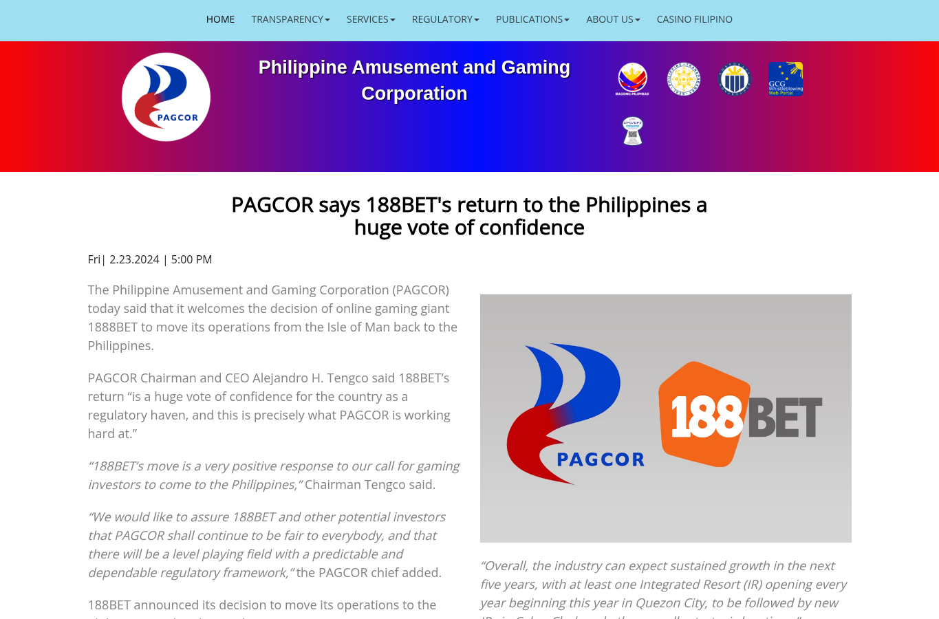 សេចក្តីប្រកាស PAGCOR ដែលមានឈ្មោះ 188BET