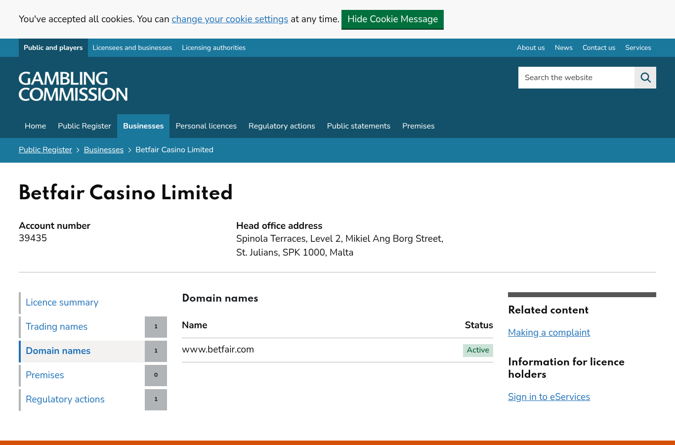កំណត់ត្រាដែន www.betfair.com របស់ UK Gambling Commission
