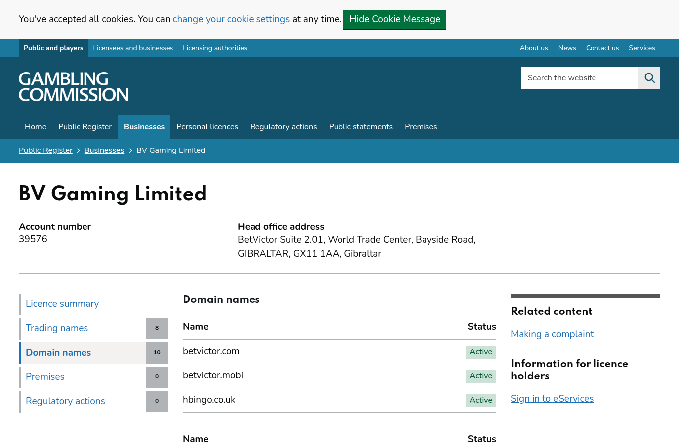 កំណត់ត្រាដែន betvictor.com របស់ UK Gambling Commission