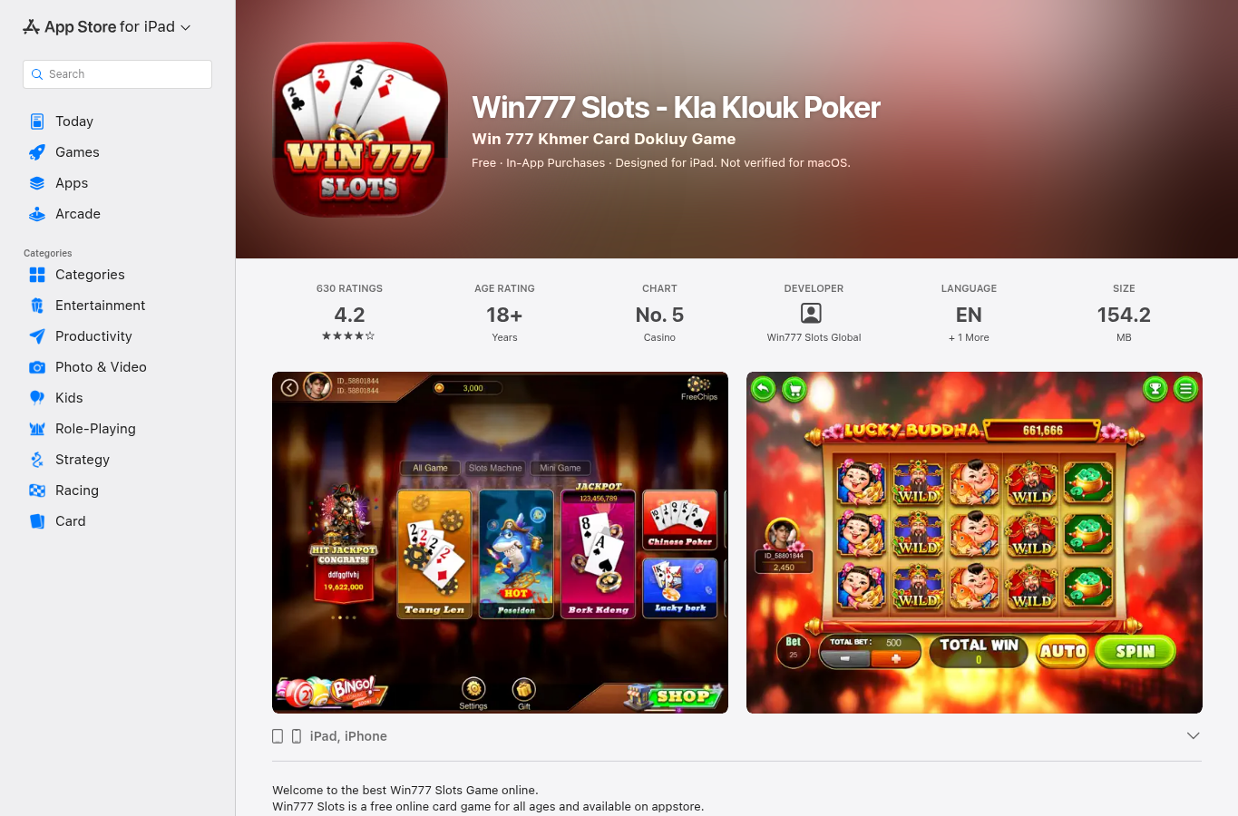 បញ្ជី App Store ដែលប្រើឈ្មោះ WIN777; មិនបញ្ជាក់ការអនុញ្ញាតកម្ពុជា